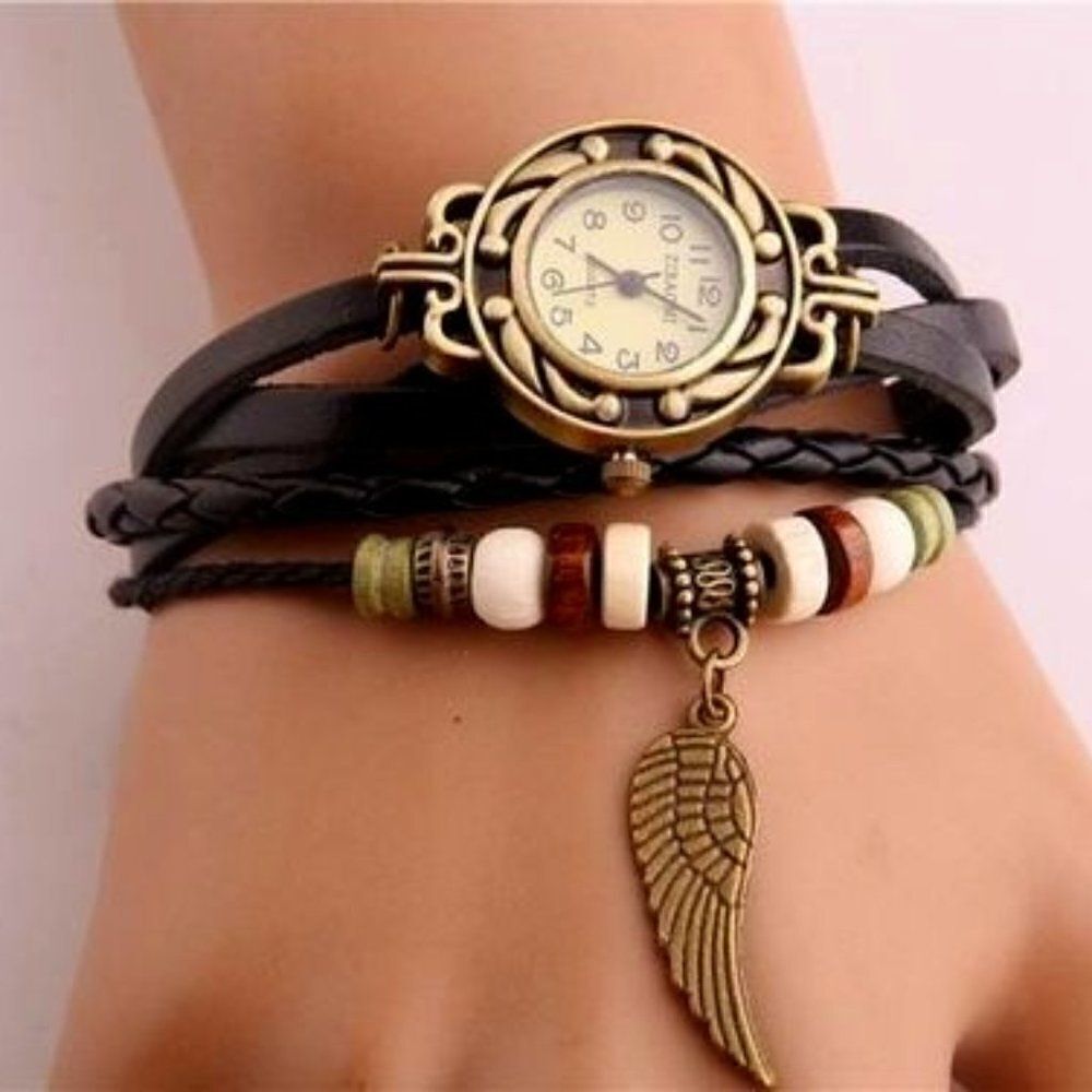 Leather Black Beaded Casual Bracelet Watch with Hanging Wing Charm